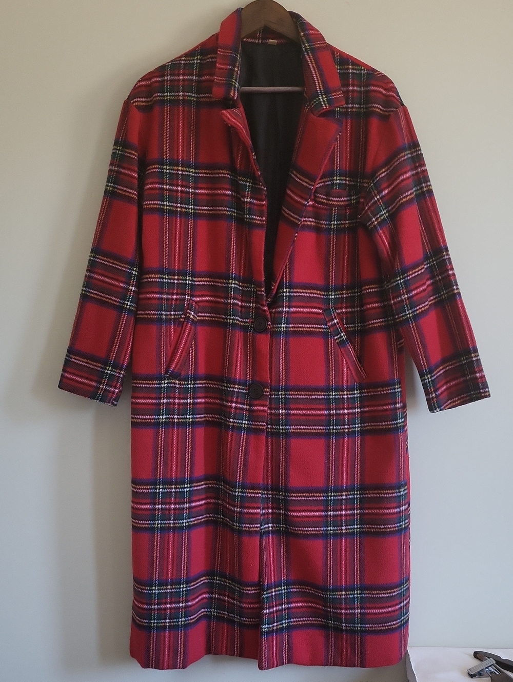 Plaid Flannel Trench Coat In Cherry Red